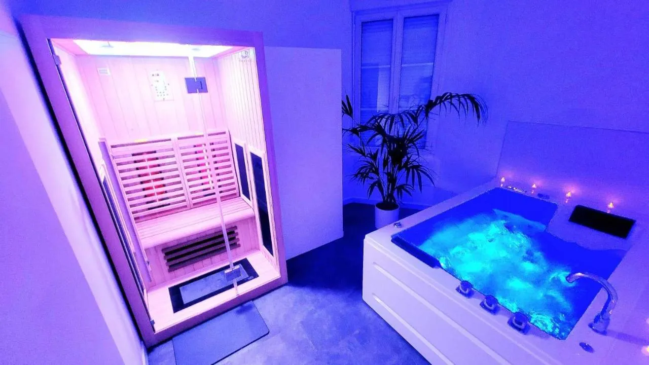 Appart Spa Drouet d'Erlon : sauna et bain à remous en lumière rose, love room à Reims