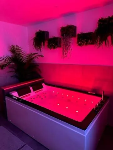Love Room Cocooning & Spa : baignoire à remous en lumière rose, love room à Épinal