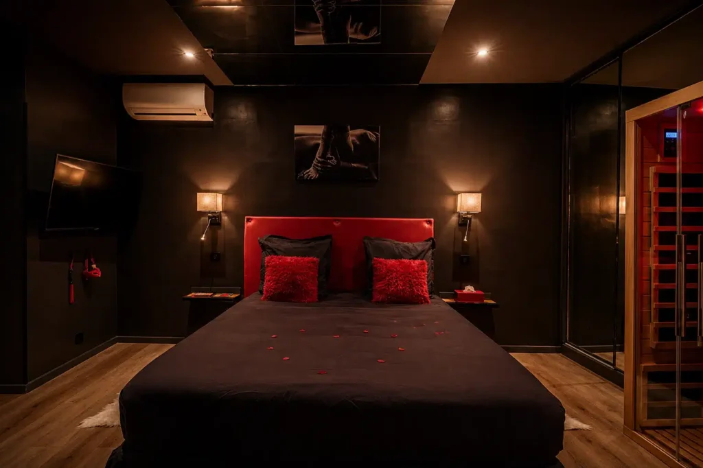 Pimente ton couple : chambre noir et rouge, love room à Cagnes-sur-Mer